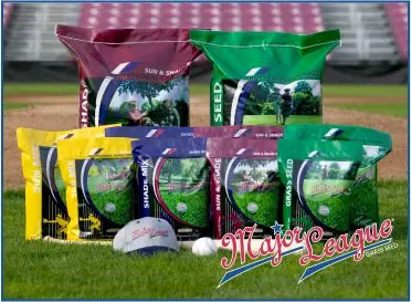 Major League grass seed bags on a ball field